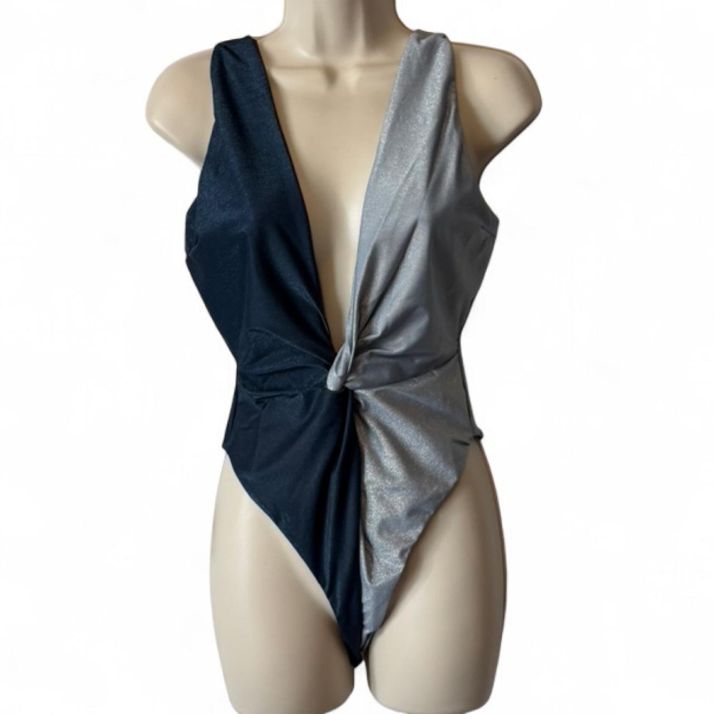 Baobab Blue‎ & Silver Shimmer Colorblock One Piece Swimsuit, Women's Size M